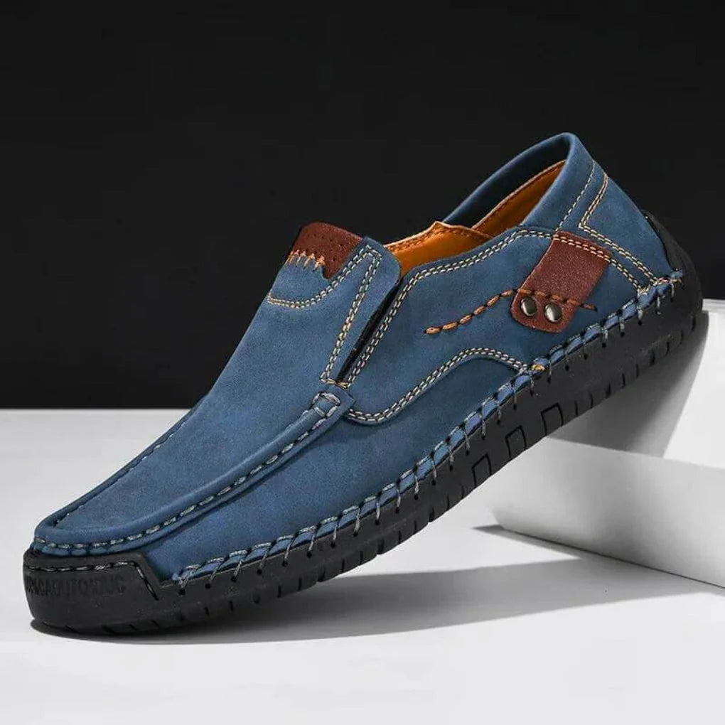 Blue Men's Arch Support Slip-On Shoes — William Cushioned Leather Loafers - Elevated Heel View