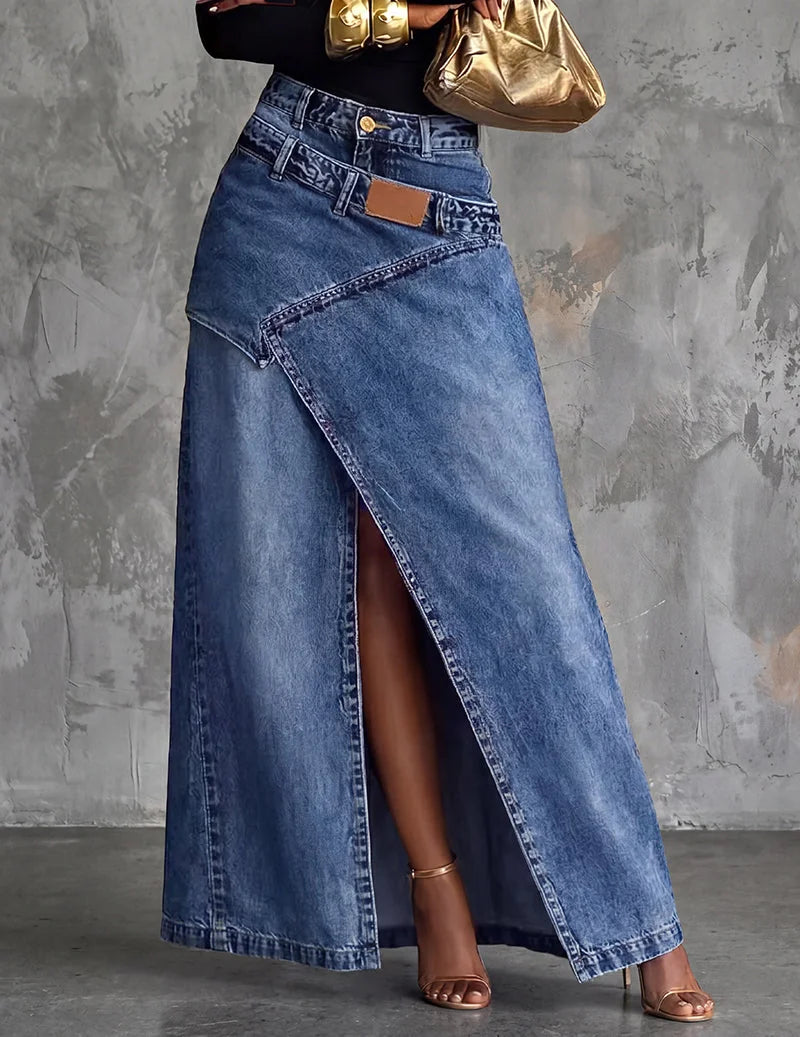 Blue Women's Asymmetric Wrap Denim Maxi Skirt — Anais Relaxed High-Waisted Belted - Close Up Waist