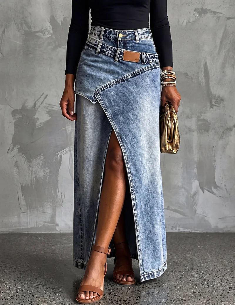 Blue Women's Asymmetric Wrap Denim Maxi Skirt — Anais Relaxed High-Waisted Belted - Side Angle
