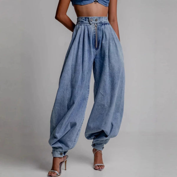 Light Blue Women's High Waist Barrel Leg Jeans — Penelope Denim Zip-Front Baggy - Studio Front Full