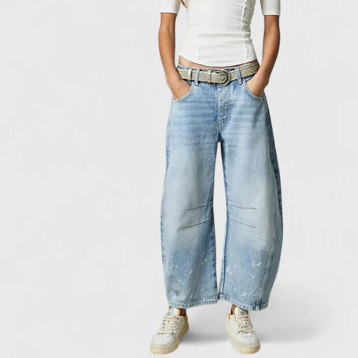 Light Blue Women's High-Waist Barrel Leg Jeans — Juliet Curved-Seam Cropped Ankle - Front Belt Sneakers