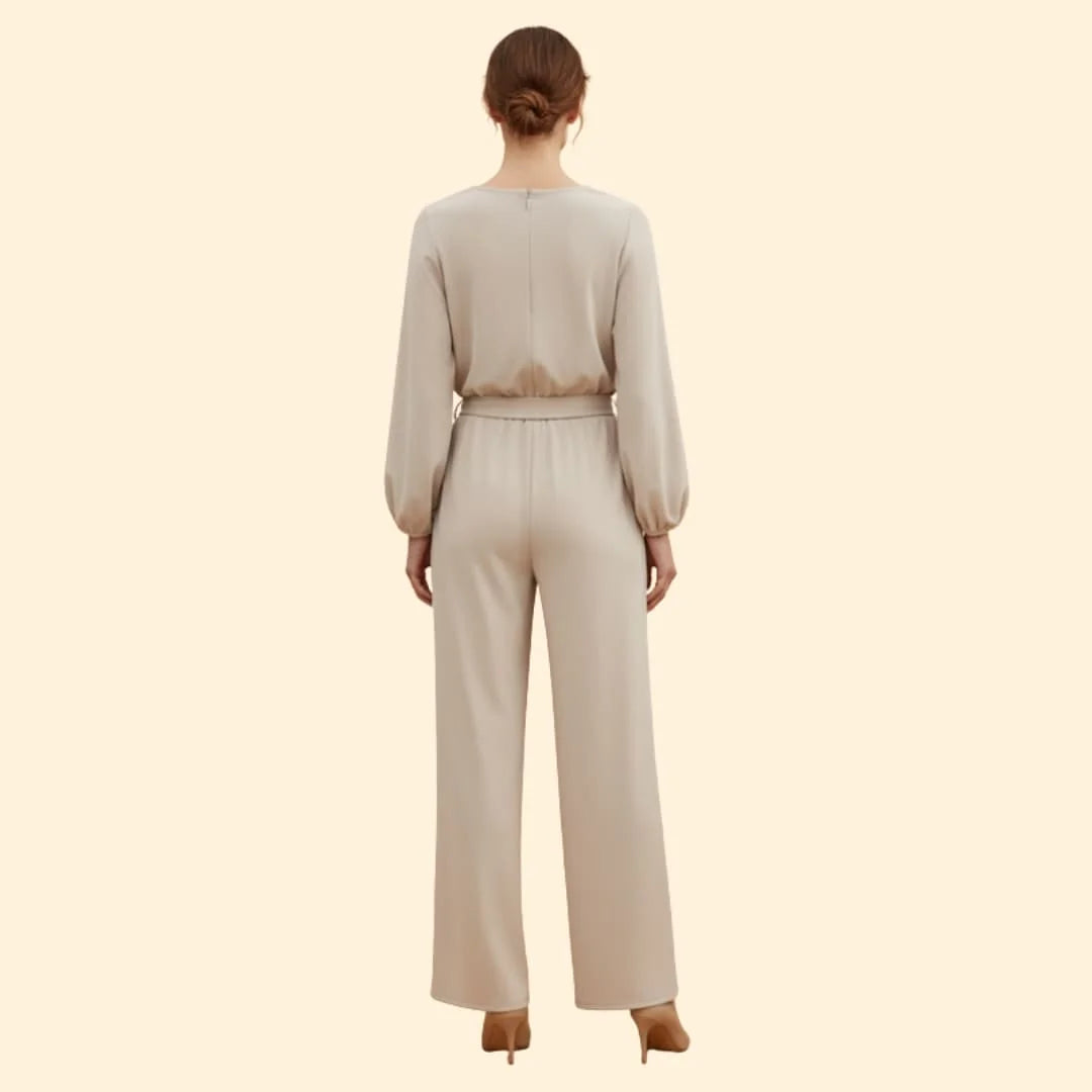 Apricot Women's Belted Wide-Leg Jumpsuit — Evelyn Tailored Tie-Waist Long Sleeve - Back Full