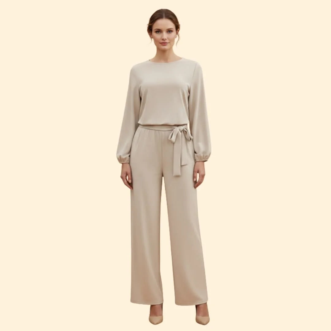 Apricot Women's Belted Wide-Leg Jumpsuit — Evelyn Tailored Tie-Waist Long Sleeve - Front Full