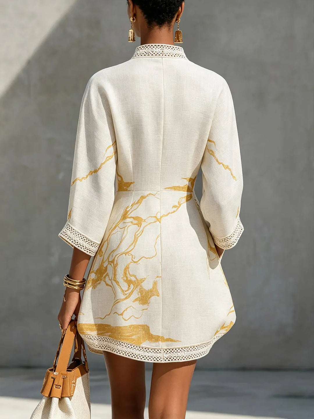 Cream Women's Printed V-Neck Mini Dress — Nicole Bohemian Crochet-Trim Vacation - Back Full