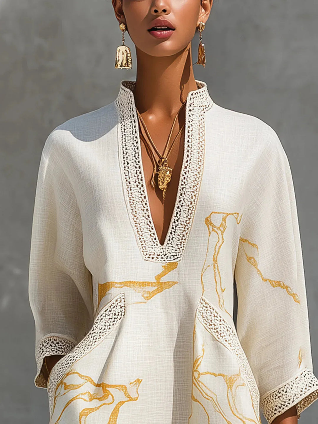 Cream Women's Printed V-Neck Mini Dress — Nicole Bohemian Crochet-Trim Vacation - Close Up Neckline