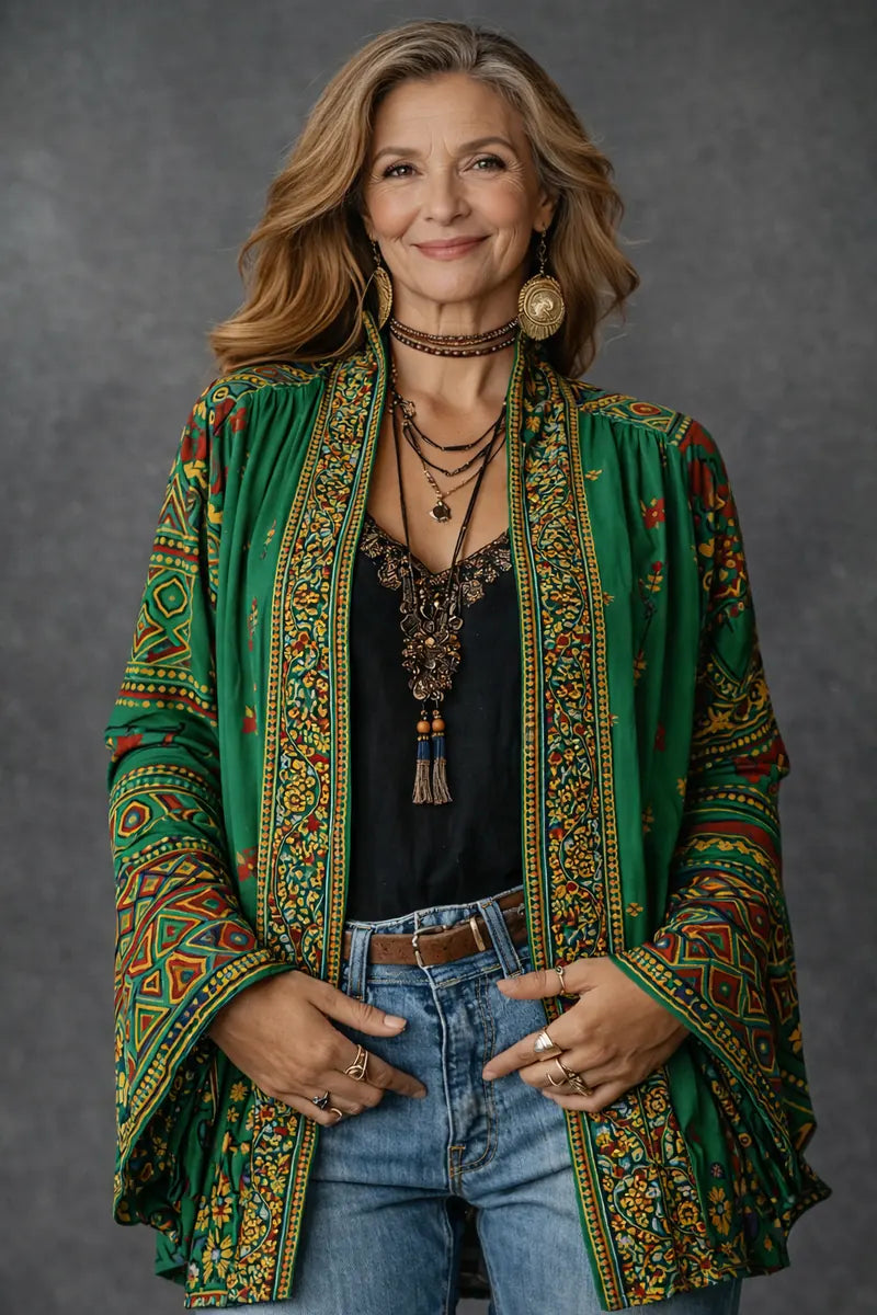 Forest Green Women's Velvet-Touch Bohemian Cardigan — Laurel Open-Front Bell Sleeve Boho - Front Standing
