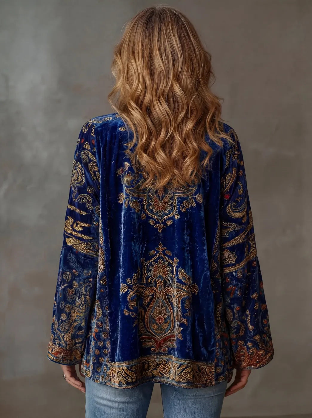 Midnight Women's Velvet-Touch Bohemian Cardigan — Laurel Open-Front Bell Sleeve Boho - Blue Back Detail