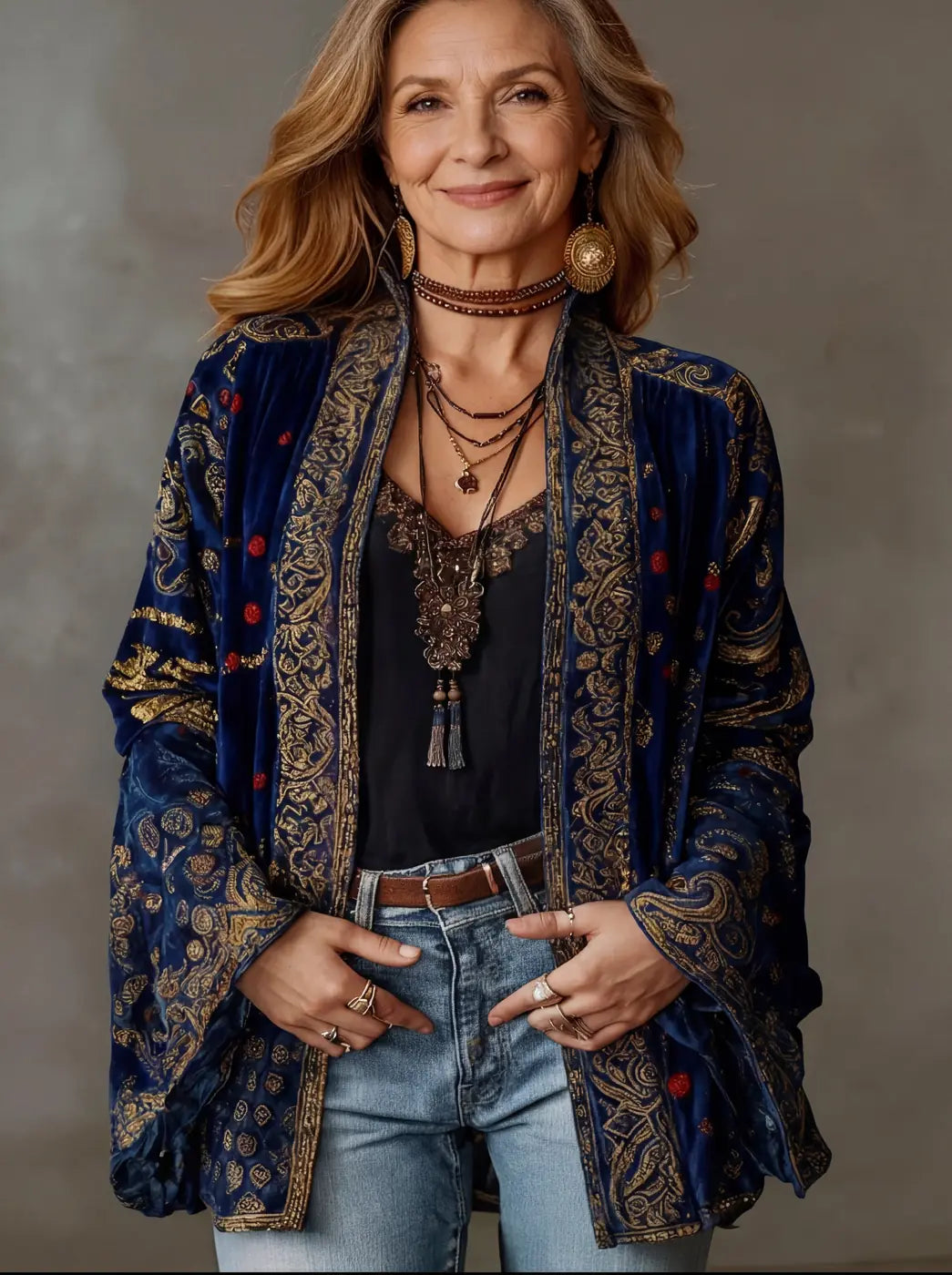 Midnight Women's Velvet-Touch Bohemian Cardigan — Laurel Open-Front Bell Sleeve Boho - Blue Front Pose