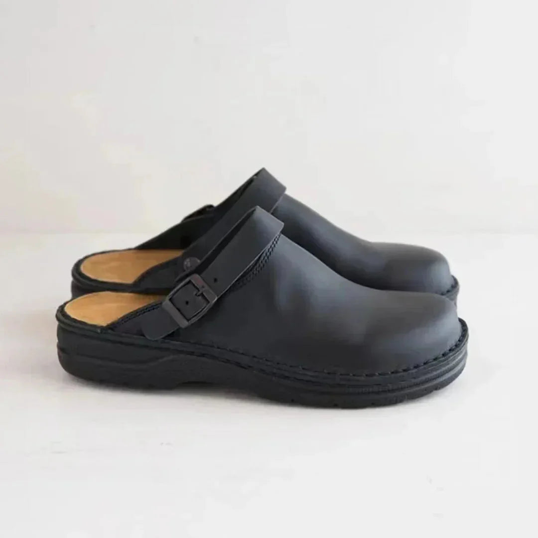Black Men's Faux Leather Clogs — George Buckle Strap Comfort Slip-On - Side Profile Buckle