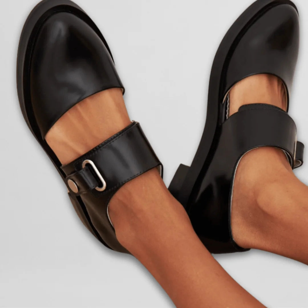 Black Women's Black Leather Mary Janes — Avery Buckle-Strap Round-Toe Flat - Buckle Close Up