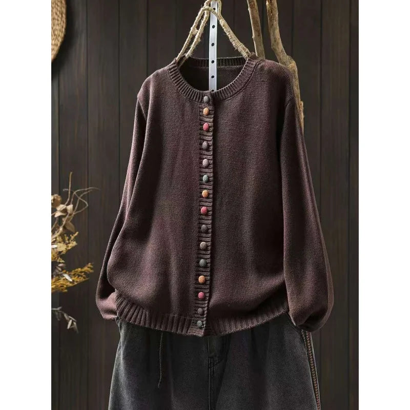 Dark Brown Women's Button-Front Knit Cardigan — Ophelia Everyday Crew Neck Oversized - Front Shot