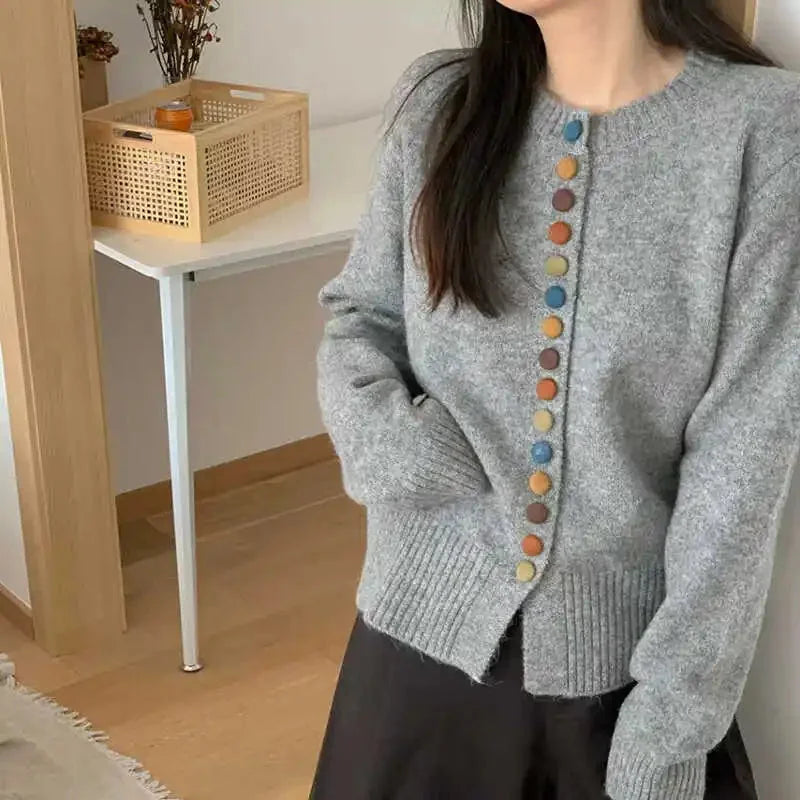 Gray Women's Button-Front Knit Cardigan — Silvia Cozy Relaxed Rainbow-Button - Front Detail Buttons
