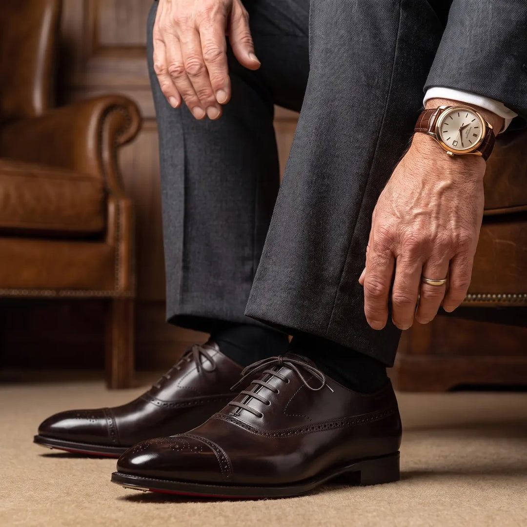 Brown Men's Cap-Toe Leather Oxford Shoes — Blakely Formal Lace-Up Brogue - Worn Lifestyle