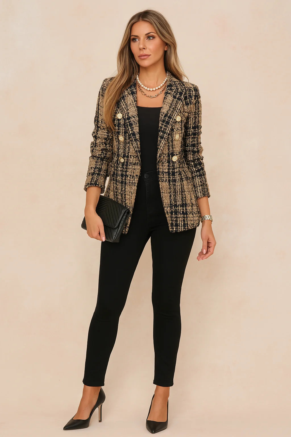 Brown Women's Checked Blazer Jacket — Yvonne Double-Breasted Tweed Professional - Front Portrait
