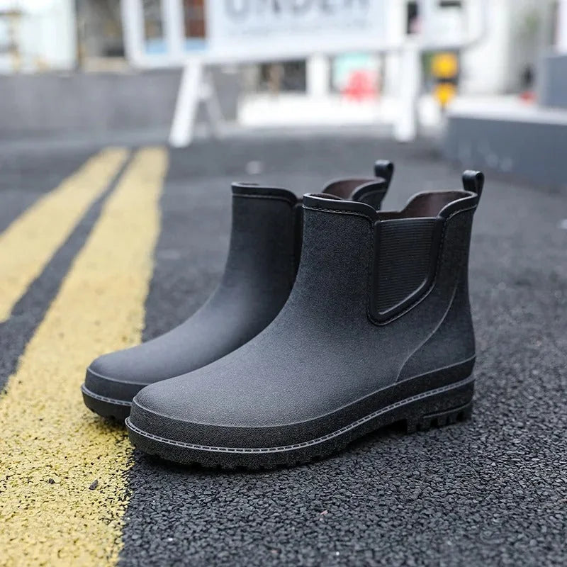 Black Men's Waterproof Rain Boots — Edward Slip-On Non-Slip - Outdoor Pose