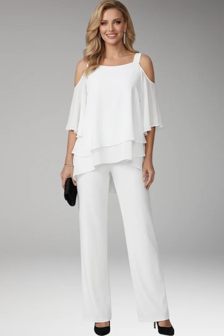 White Women's Cold Shoulder Jumpsuit — Phoebe Tiered Cape Overlay Wide-Leg - Front Full Bright