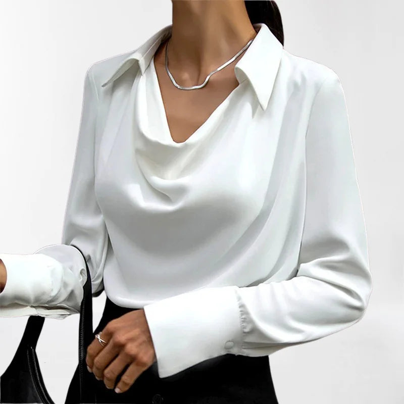 White Women's Cowl Neck Silk Blouse — Josephine Draped Long Sleeve Office - Worn Lifestyle
