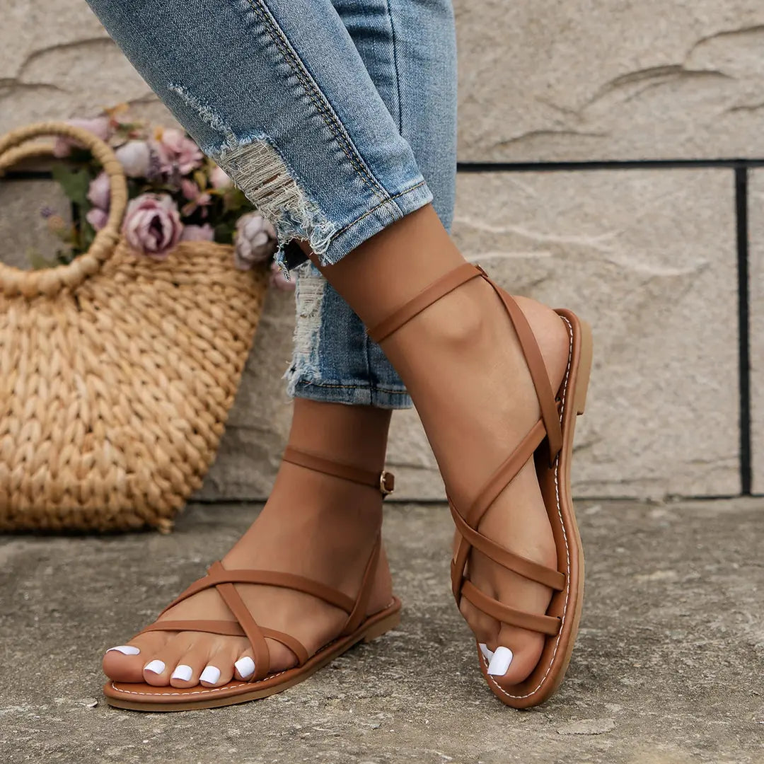 Brown Women's Criss Cross Flat Sandals — Rosabel Strappy Ankle Strap - Both Feet