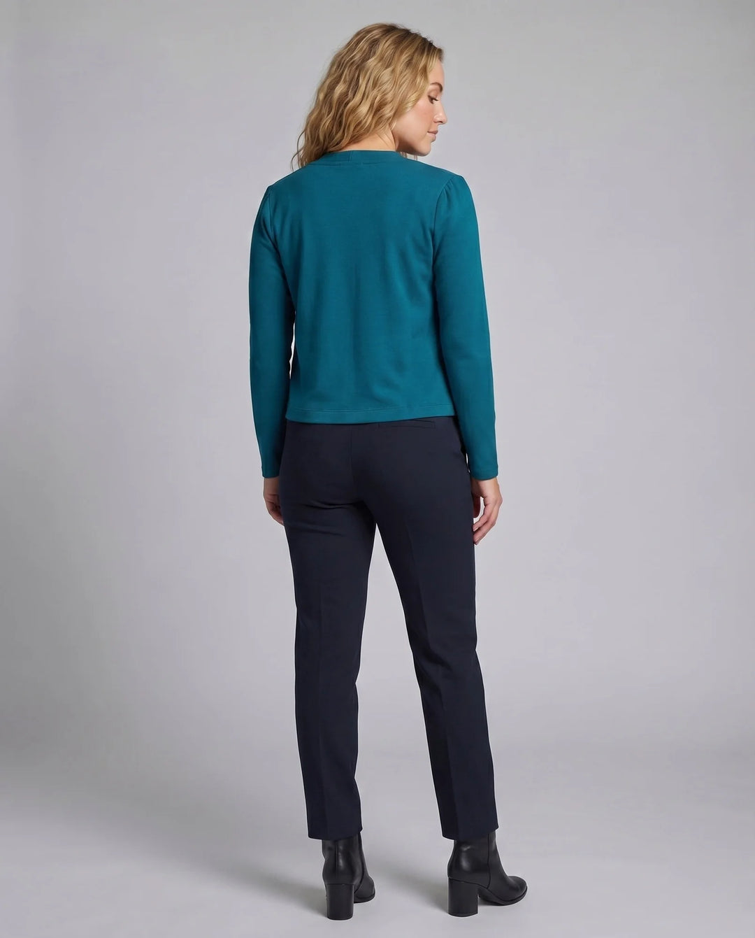 Turquoise Women's Cropped Bolero Blazer — Delaney Tailored Shawl Collar Open-Front - Back Full