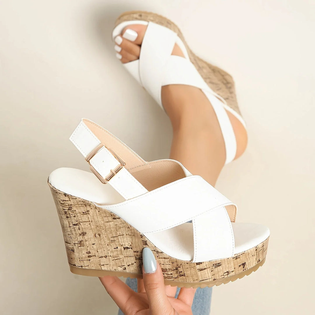 White Women's Cross Strap Platform Sandals — Selene White Wedge Cork - Hand Held