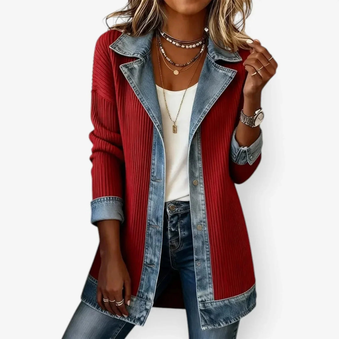 Red Women's Ribbed Denim Linen Blazer — Jade Tailored Longline Contrast - Collar Detail