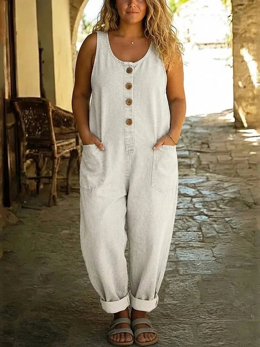 White Women's Vintage Denim Overalls — Tamsin Cotton Button-Front Wide-Leg - Front Cropped