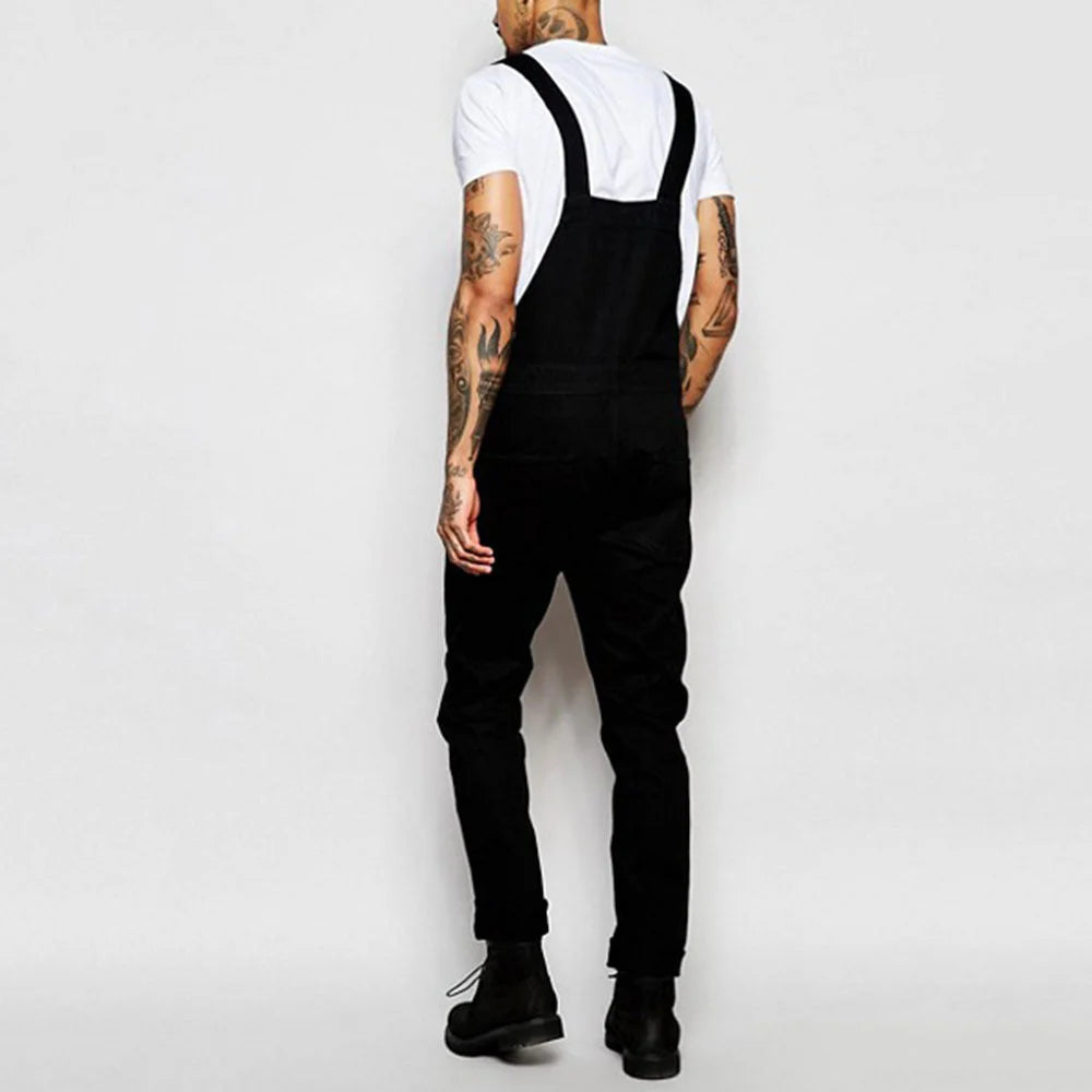Black Men's Denim Overalls — Hugo Adjustable-Strap Relaxed Fit Pockets - Back Full
