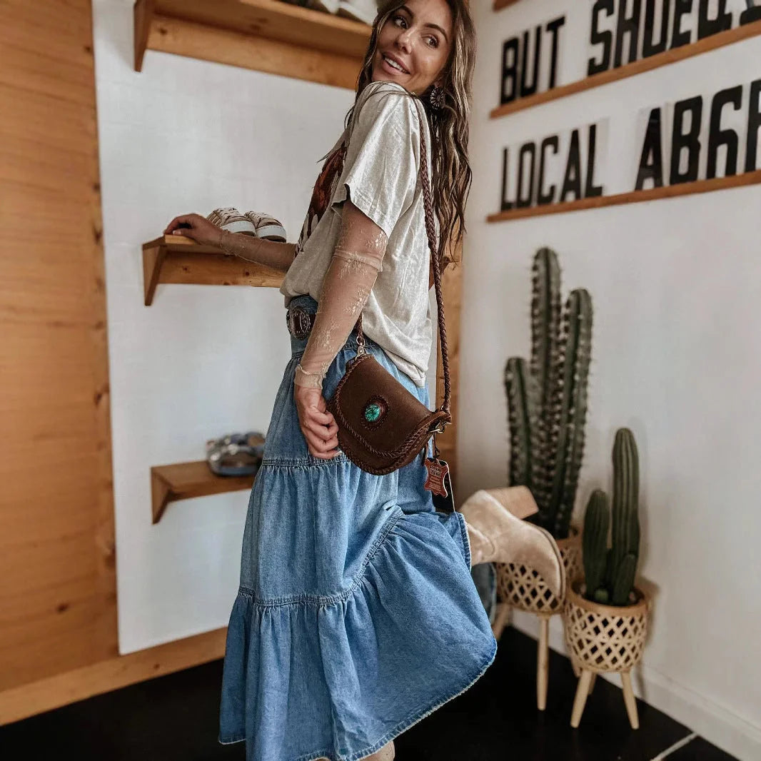 Denim Women's Denim Tiered Maxi Skirt — Francine Boho Button-Front High-Waisted - Side Pose