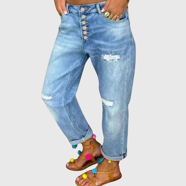 Light Blue Women's Light Wash Distressed Boyfriend Jeans — Reese Cropped Button-Front - Front Full