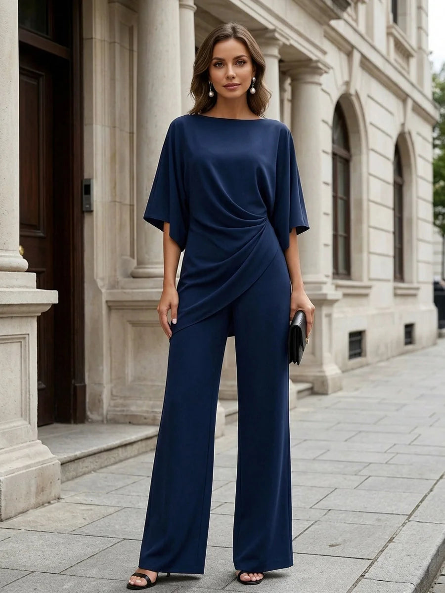 Navy Blue Women's Draped Wide-Leg Two-Piece Set — Florence Batwing Sleeve Ruched - Outdoor Standing