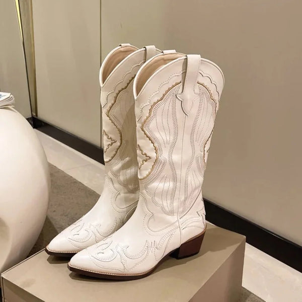 Cream Women's Embroidered Western Cowboy Boots — Una Cushioned Pointed-Toe Mid-Calf - Front Full
