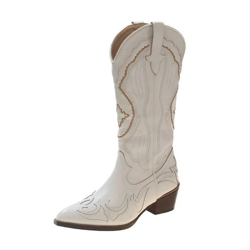 Cream Women's Embroidered Western Cowboy Boots — Una Cushioned Pointed-Toe Mid-Calf - Studio Side