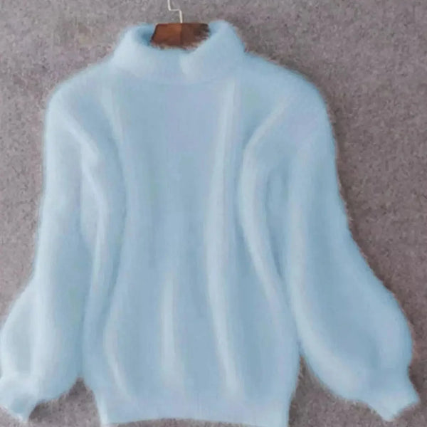 Blue Women's Turtleneck Sweater with Fluffy Knit & Balloon Sleeves