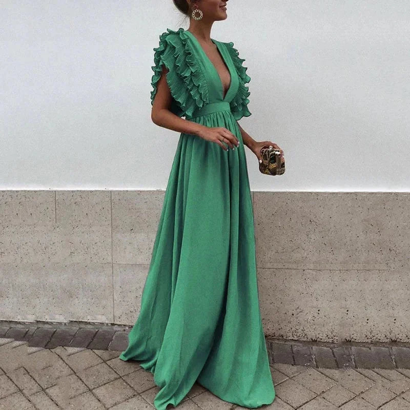 Green Women's Flutter Sleeve Flowy Maxi Dress — Delaney Deep V-Neck Ruffle - Side Pose