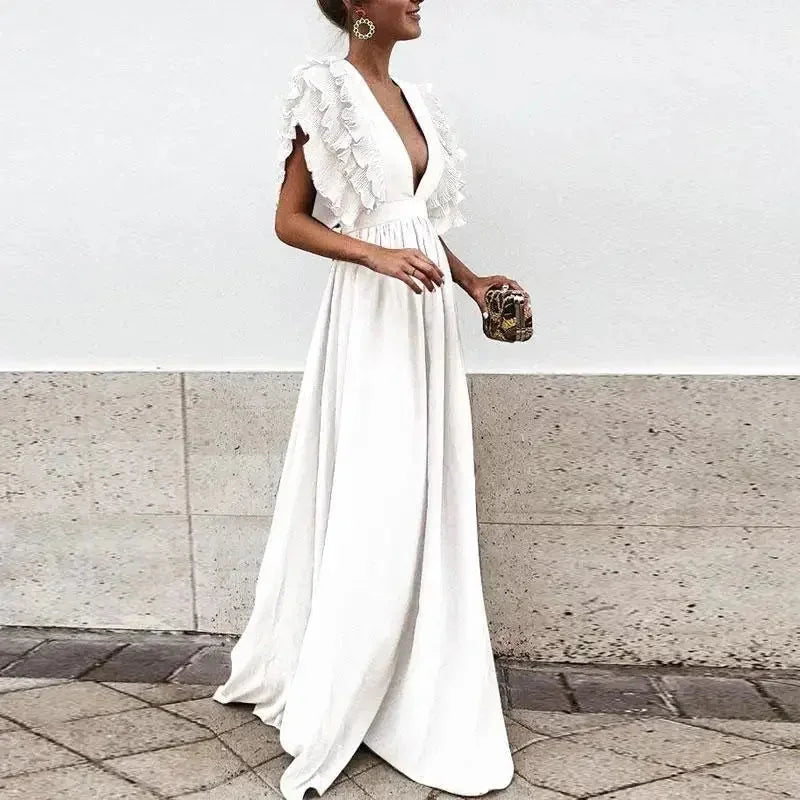 White Women's Flutter Sleeve Flowy Maxi Dress — Delaney Deep V-Neck Ruffle - Studio