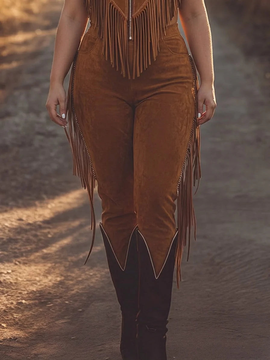 Brown Women's Brown Suede Jumpsuit — Liv Fringe Western High-Waisted - Close Up Pants Fringe