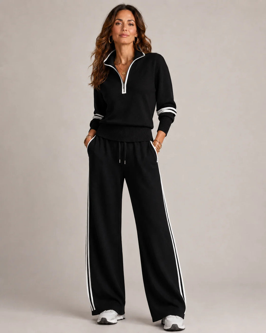 Black Women's Half-Zip Striped Two-Piece Set — Skylar Zip-Up Wide-Leg Loungewear - Front Studio Pose
