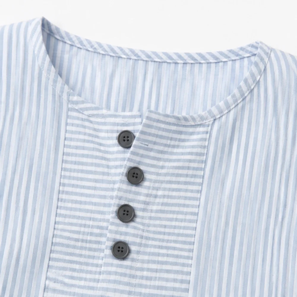 Sky Blue Women's Striped Henley Top — Bianca Relaxed Button-Front Everyday - Close Up Neckline