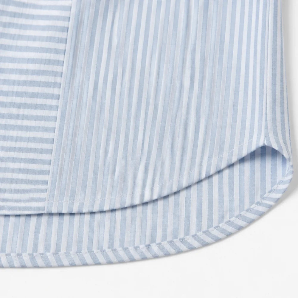Sky Blue Women's Striped Henley Top — Pia Cotton Button-Front Relaxed Fit - Hem Detail