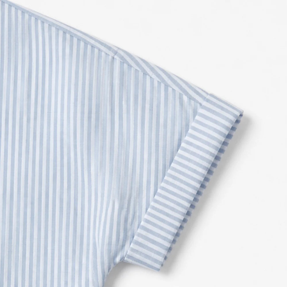 Sky Blue Women's Striped Henley Top — Bianca Relaxed Button-Front Everyday - Sleeve Detail