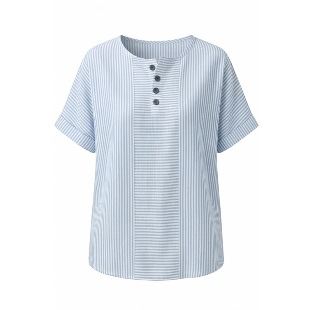 Sky Blue Women's Striped Henley Top — Bianca Relaxed Button-Front Everyday - Studio White Front