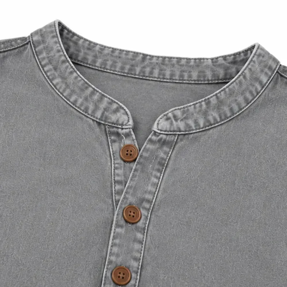 Gray Women's Henley Tunic Top — Freya Button-Front Side-Button Relaxed Fit - Close Up Neckline