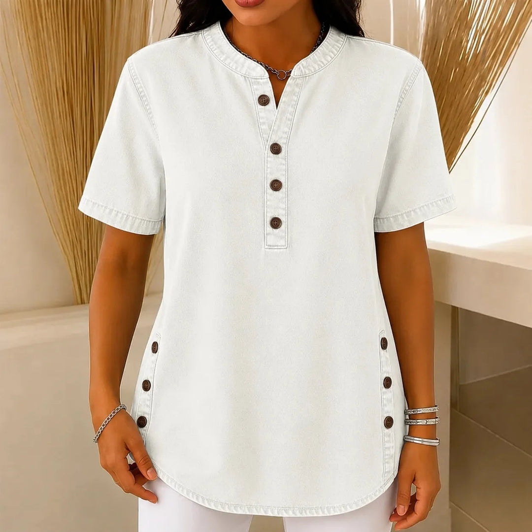 White Women's Henley Tunic Top — Freya Button-Front Side-Button Relaxed Fit - Front Pose Light
