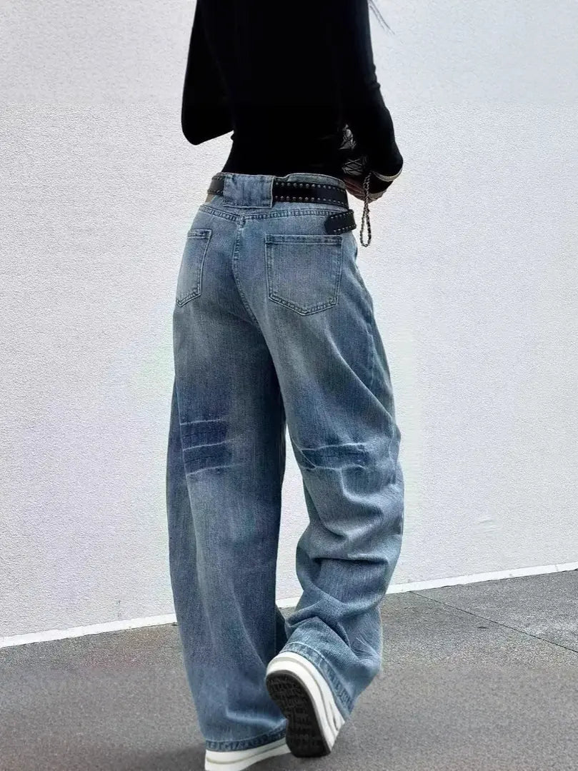 Blue Women's High Waist Barrel Leg Jeans — Yvonne Washed Denim Wide-Leg - Back Walking
