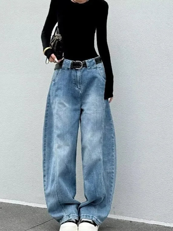 Blue Women's High Waist Barrel Leg Jeans — Yvonne Washed Denim Wide-Leg - Front Pose