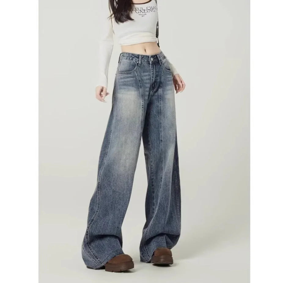 Blue Women's High Waist Barrel Leg Jeans — Amber Wide-Leg Washed High-Waisted - Front Walking
