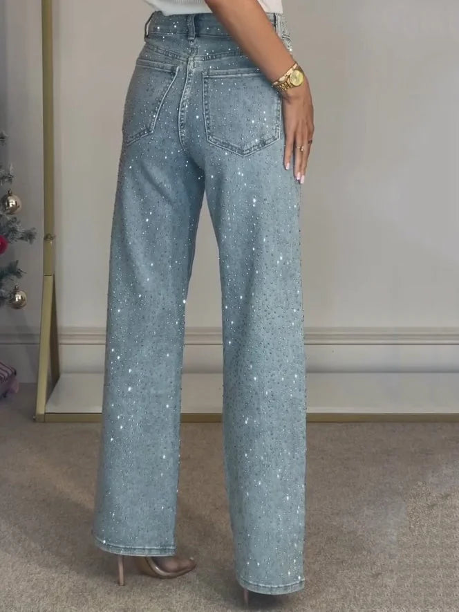 Light Blue Women's High Waist Straight Jeans — Adelaide Sparkly Rhinestone Party - Back Full