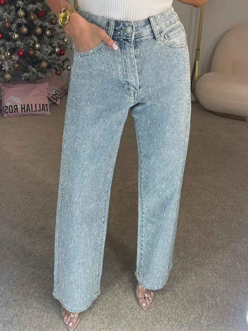 Light Blue Women's High Waist Straight Jeans — Adelaide Sparkly Rhinestone Party - Front Closeup