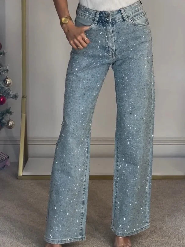 Light Blue Women's High Waist Straight Jeans — Adelaide Sparkly Rhinestone Party - Front Full