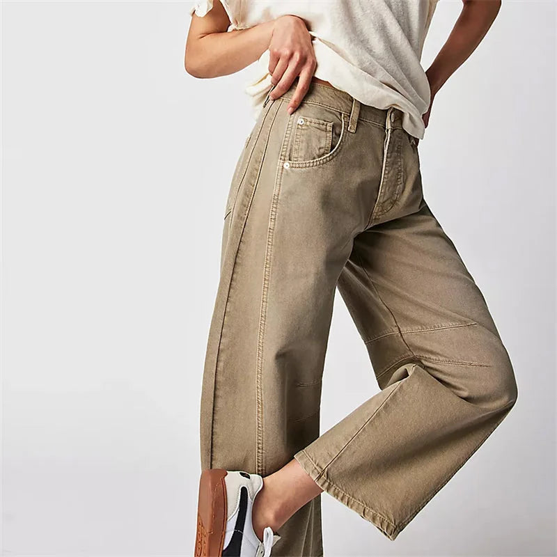 Beige Women's High-Waisted Barrel Jeans — Rhea Denim Wide-Leg Relaxed - Side Pose Hand Pocket